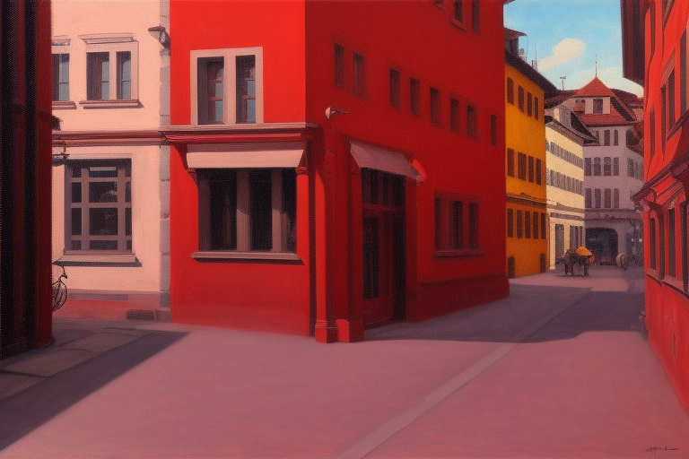 An oil painting showing a narrow street in the city of  Zürich in the style of American Realism