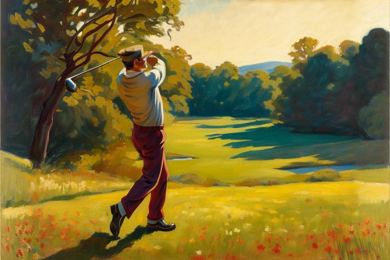 An oil painting showing playing golf on a fairway in the style of American Realism